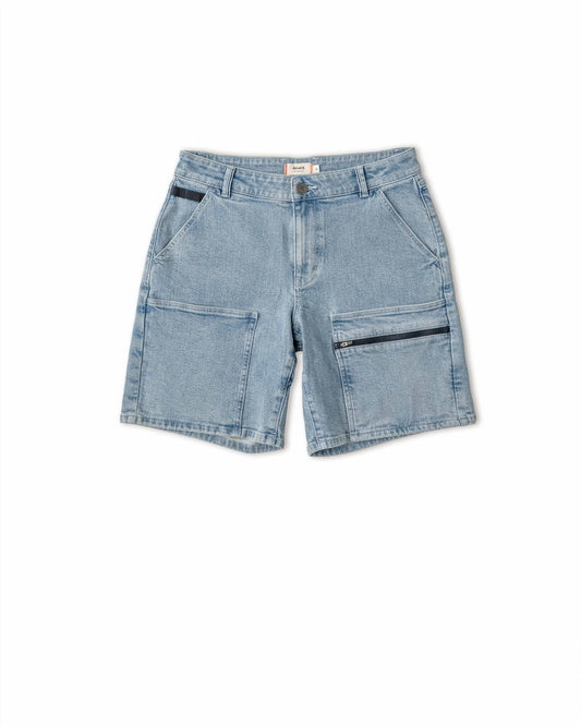A pair of blue denim chore shorts with a zipper and multiple pockets.