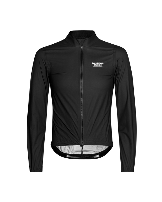 Black cycling jacket with a brand logo on a white background