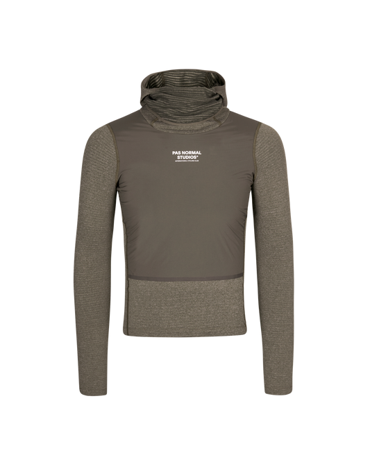 Gray long-sleeve shirt with a logo on a white background