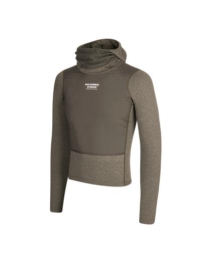 Gray long-sleeve athletic shirt with a logo on a white background