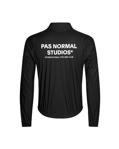 Back view of Men's Mechanism Pertex Rain Jacket Black, emphasizing packable and practical features by PAS Normal