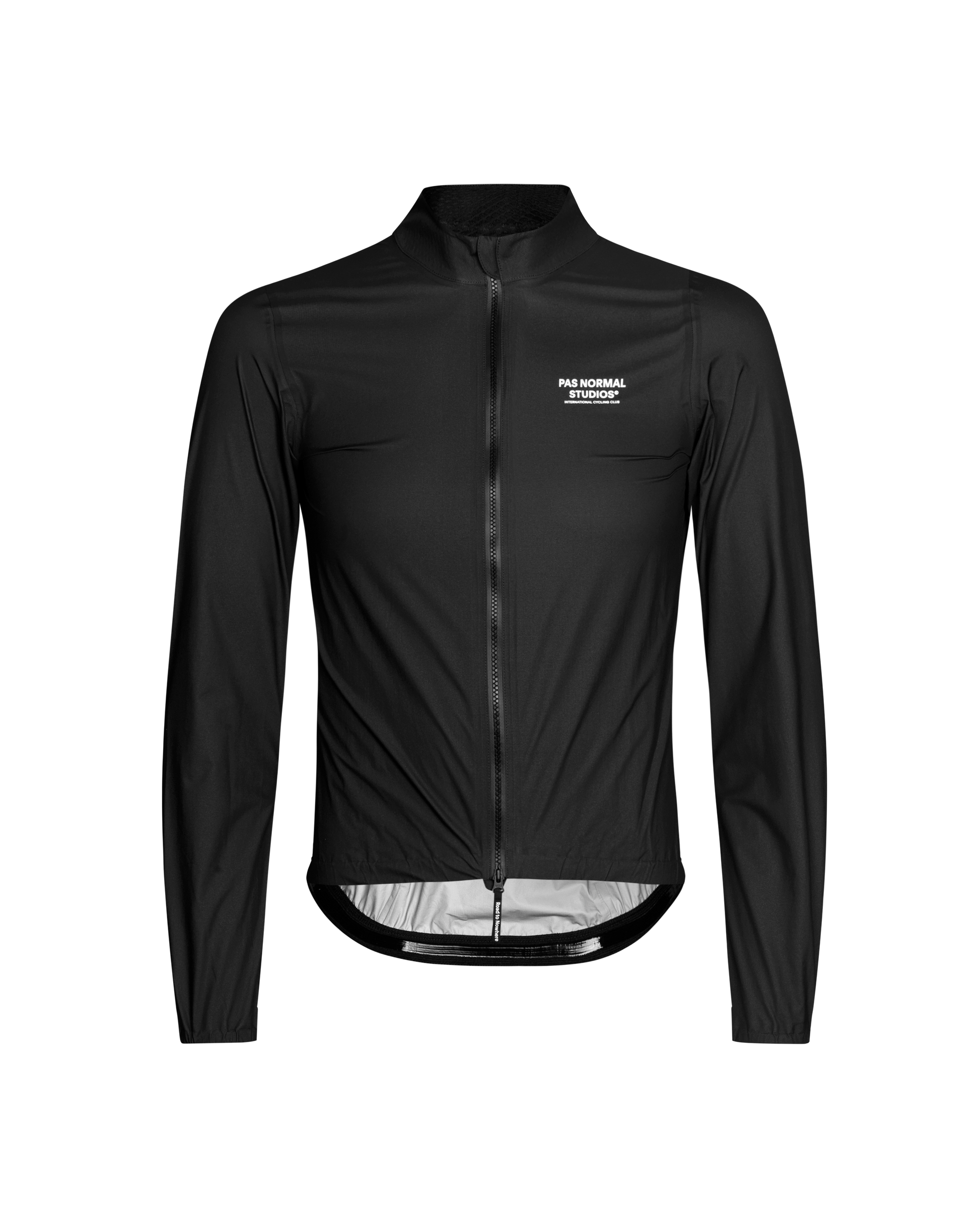 Front view of Men's Mechanism Pertex Rain Jacket Black showcasing its sleek waterproof design by PAS normal.
