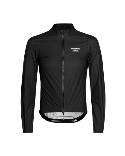 Front view of Men's Mechanism Pertex Rain Jacket Black showcasing its sleek waterproof design by PAS normal.
