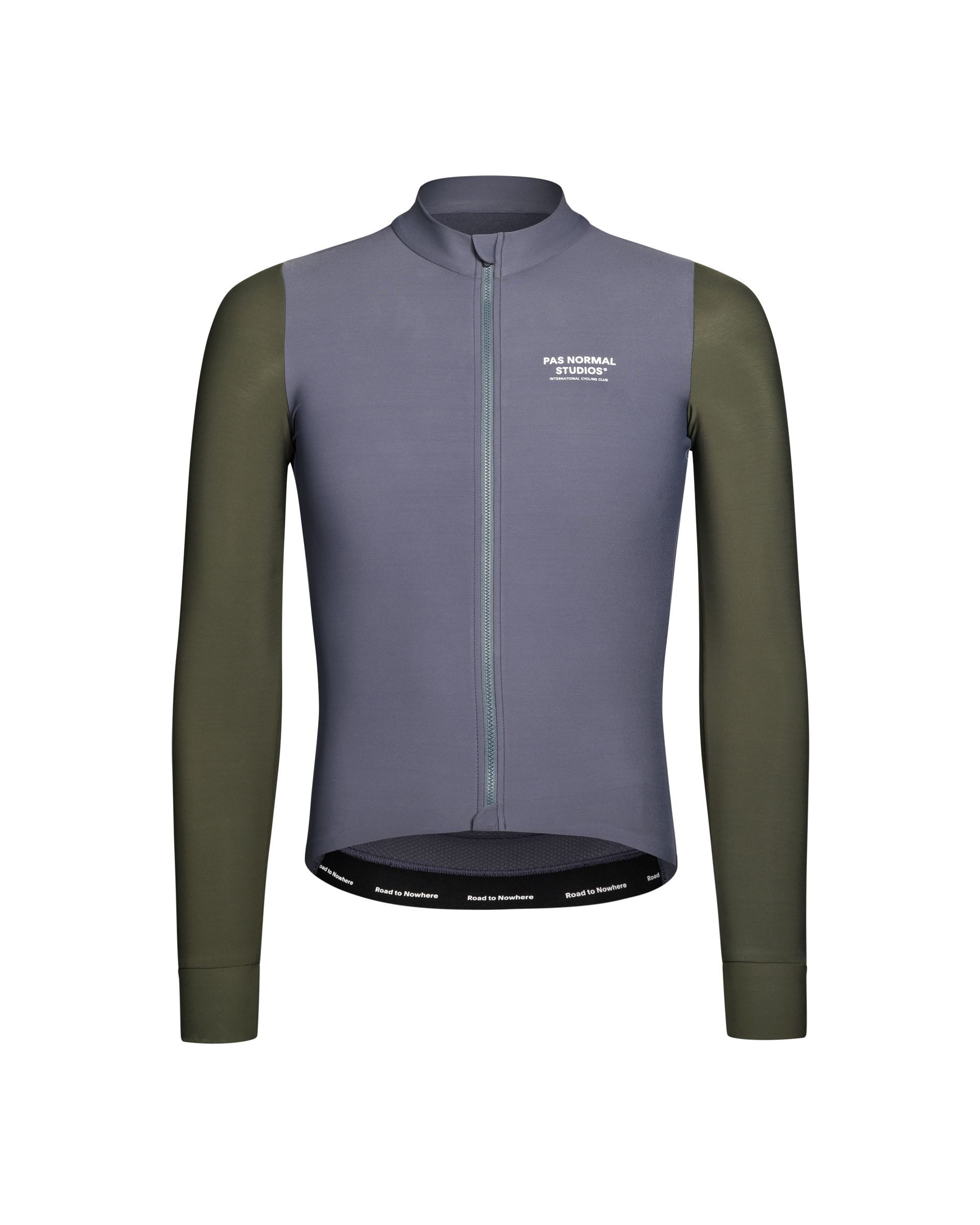Long-sleeve cycling jersey with a two-tone design on a white background