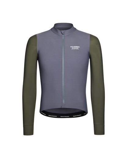 Long-sleeve cycling jersey with a two-tone design on a white background
