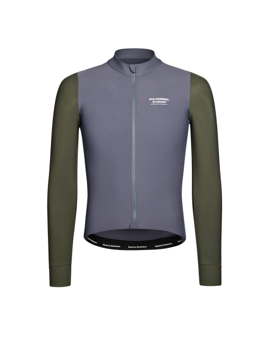 Long-sleeve cycling jersey with a two-tone design on a white background