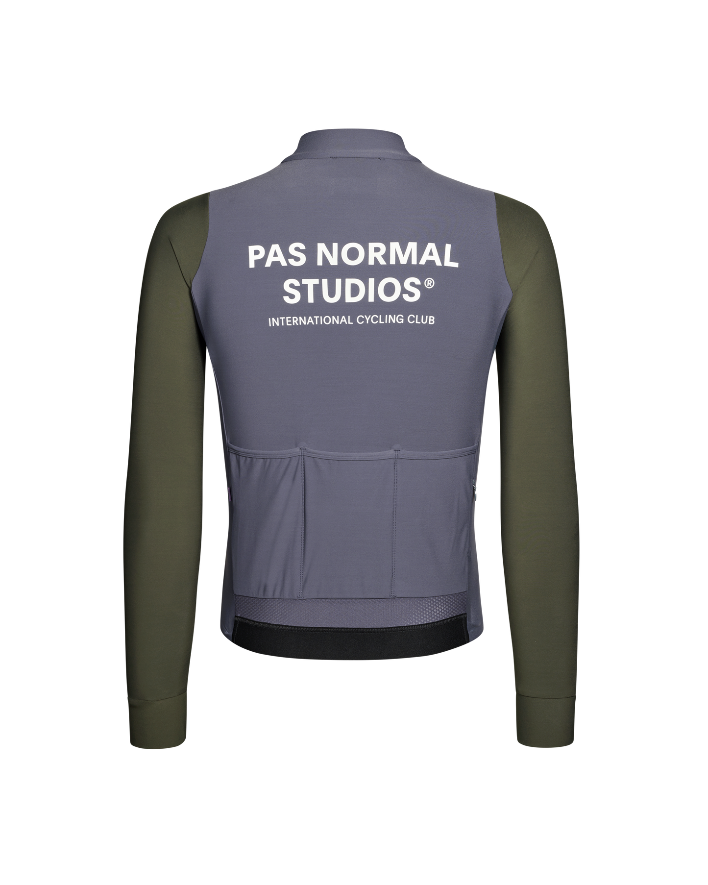 Gray and green cycling jacket with 'Pas Normal Studios' branding on the back.