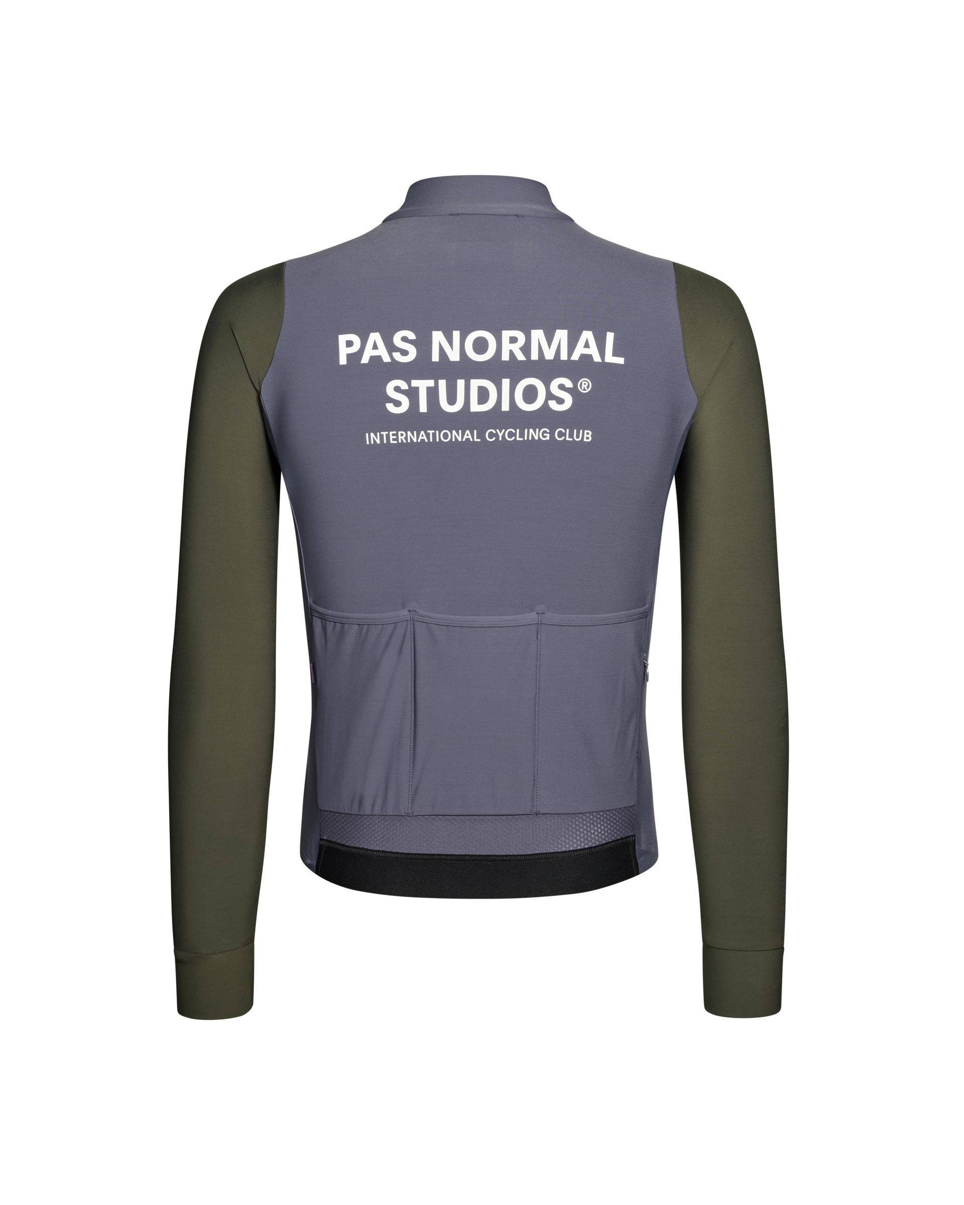 Gray and green cycling jacket with 'Pas Normal Studios' branding on the back.