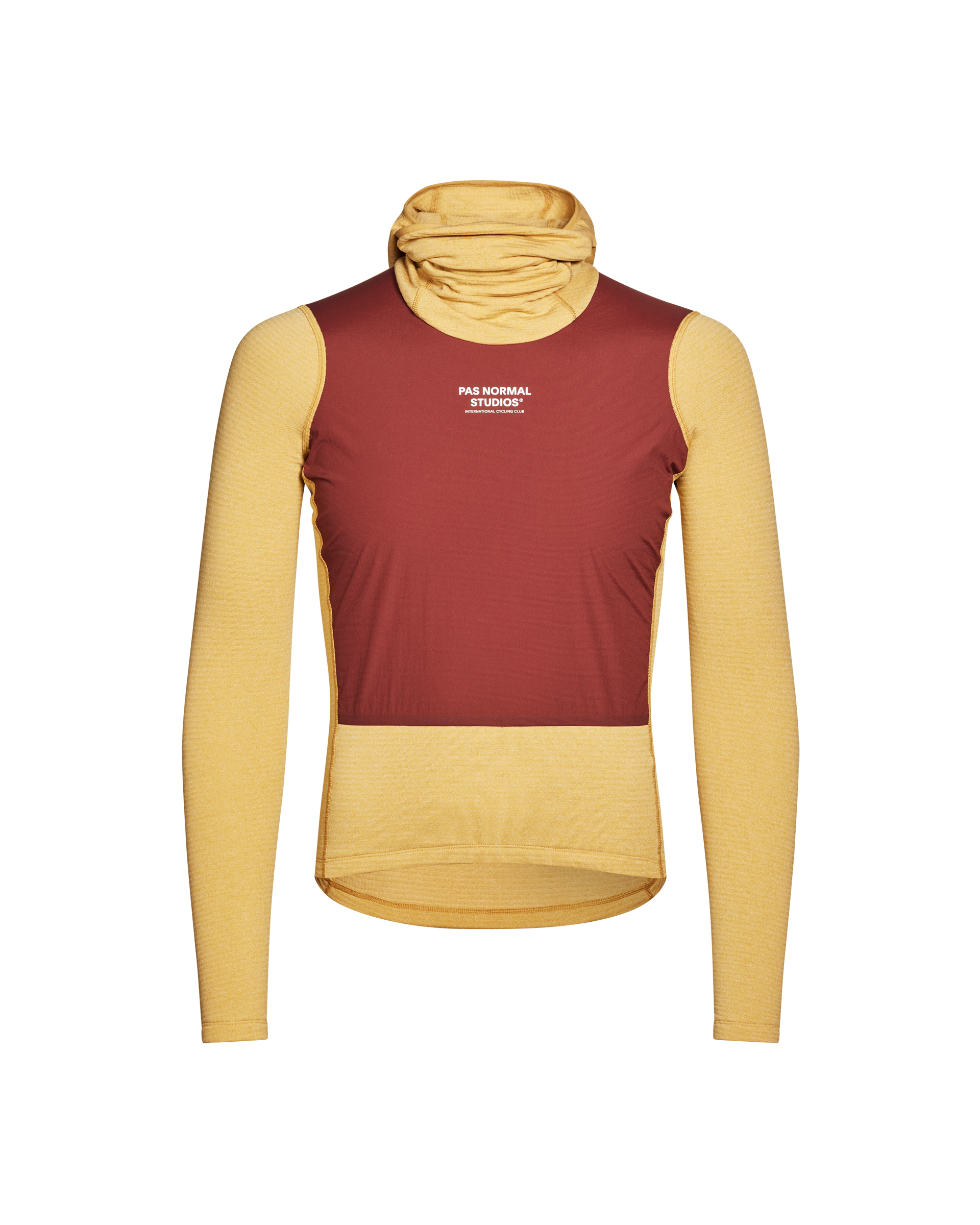 Long-sleeve shirt with maroon top and yellow sleeves on a white background