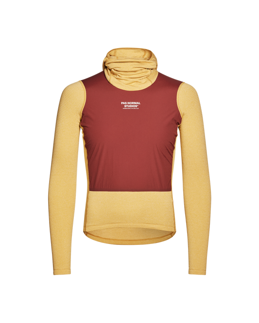Long-sleeve shirt with maroon top and yellow sleeves on a white background