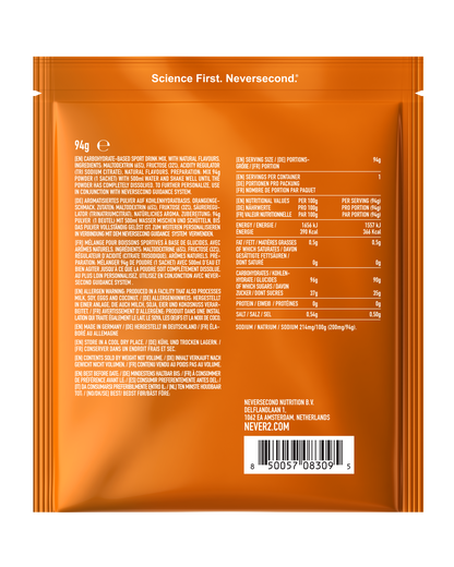Orange package with nutritional information and branding on a white background
