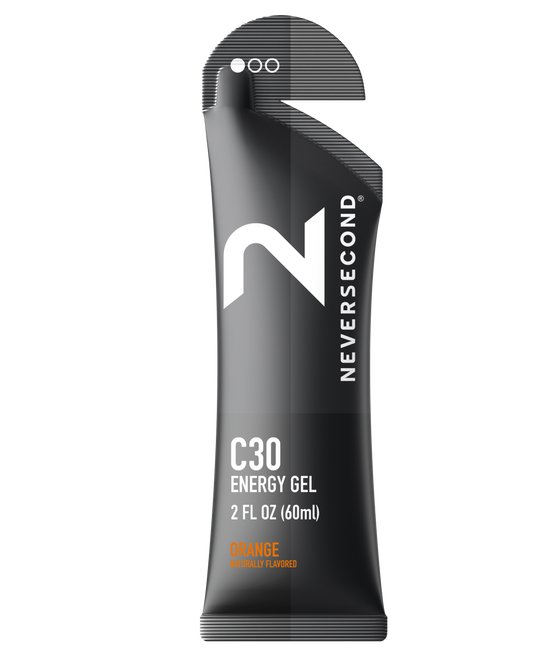 Never Second C30 Energy Gel packaging on a white background