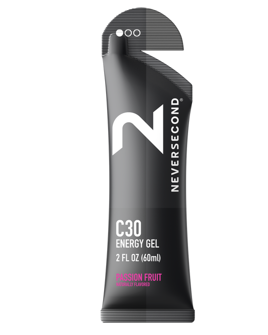Never Second C30 Energy Gel packaging on a white background