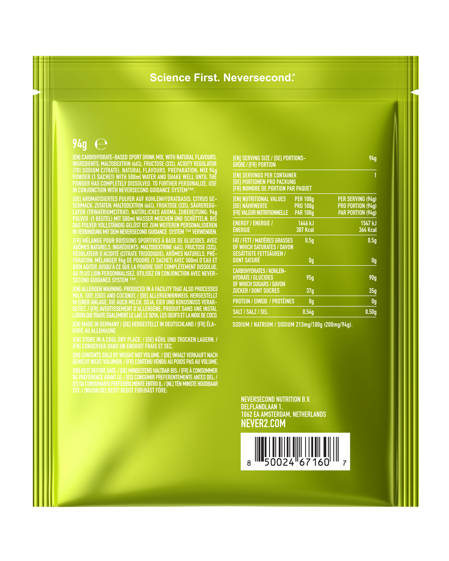 Nutritional information label on a green supplement package with brand name 'Never' visible.