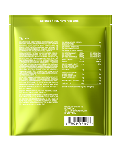 Nutritional information label on a green supplement package with brand name 'Never' visible.