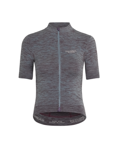 Image of Women's Escapism Knit Jersey in Dusty Blue, featuring a contemporary design that blends timeless style with modern functionality for multi-discipline cyclists, available on Cassiopeia US.