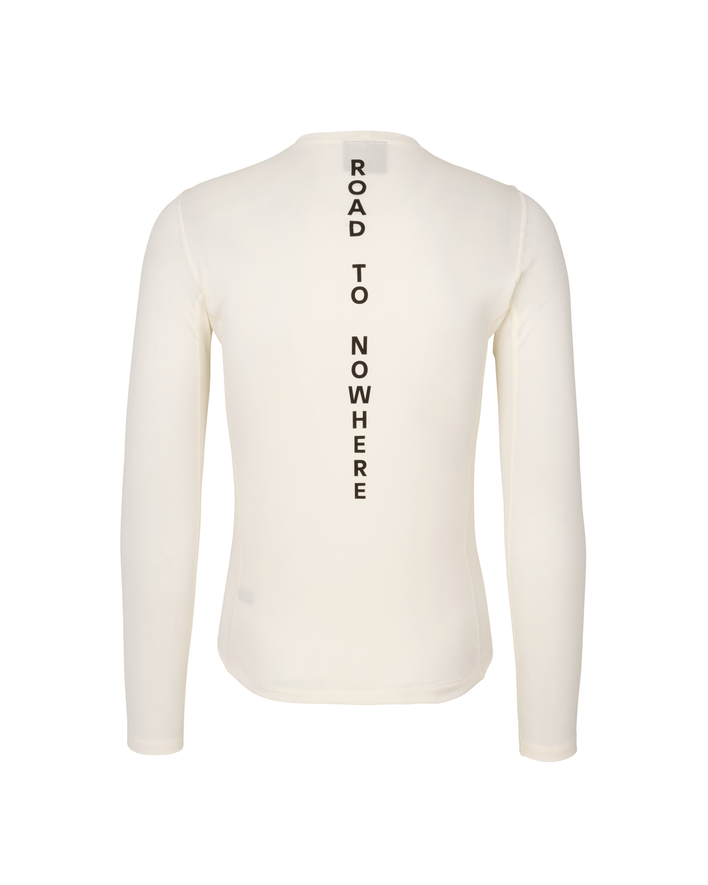White long-sleeve shirt with 'Road to Nowhere' text on a white background
