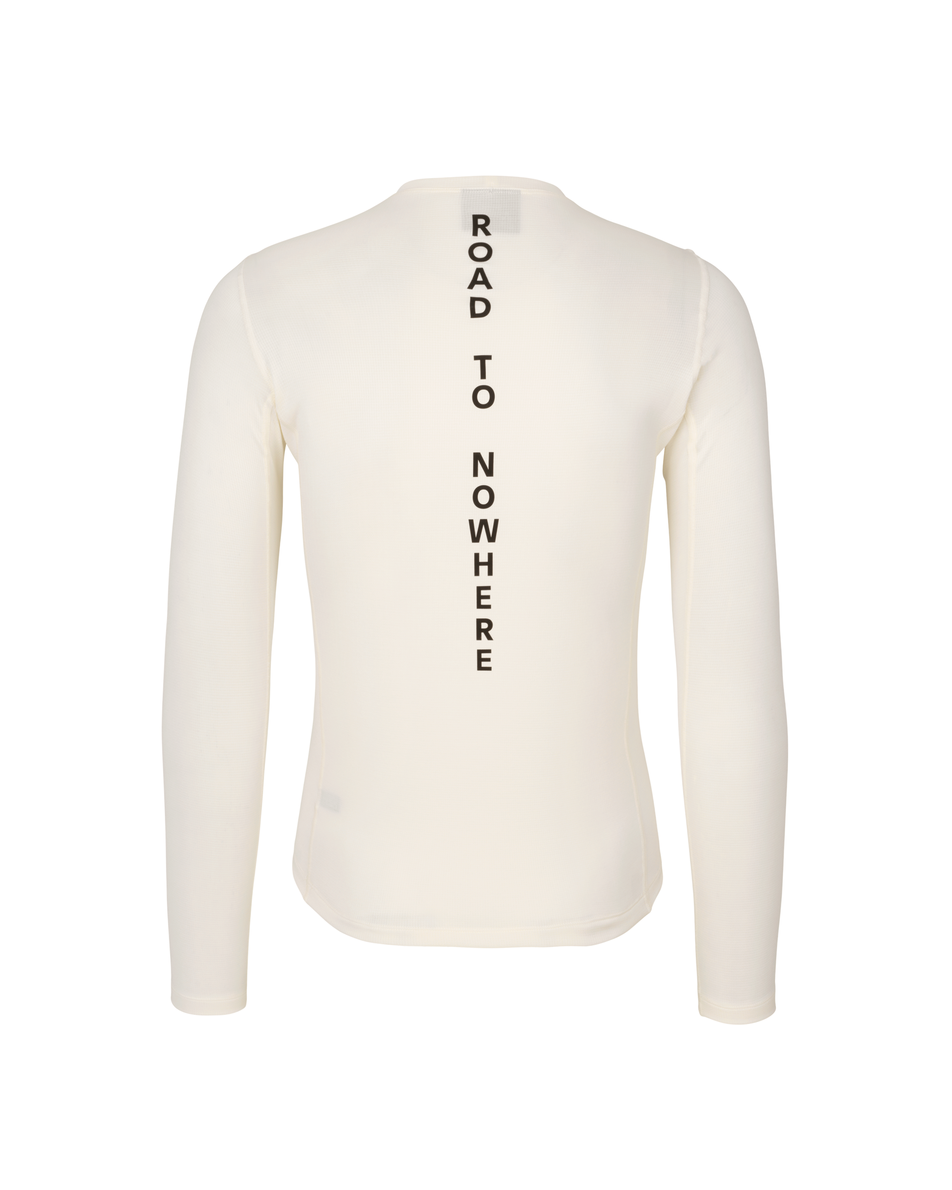 White long-sleeve shirt with 'Road to Nowhere' text on a white background