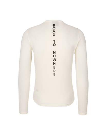White long-sleeve shirt with 'Road to Nowhere' text on a white background