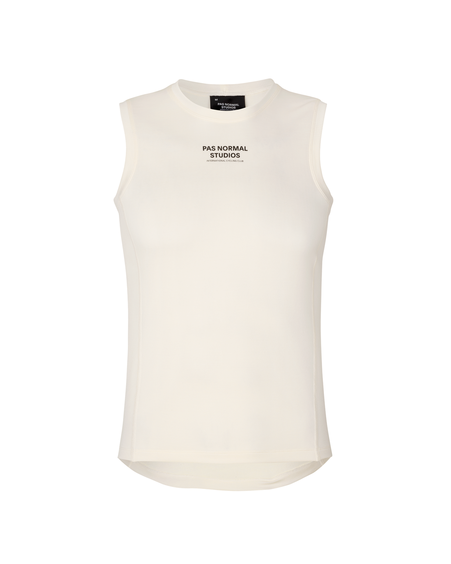 White sleeveless shirt with text on a white background