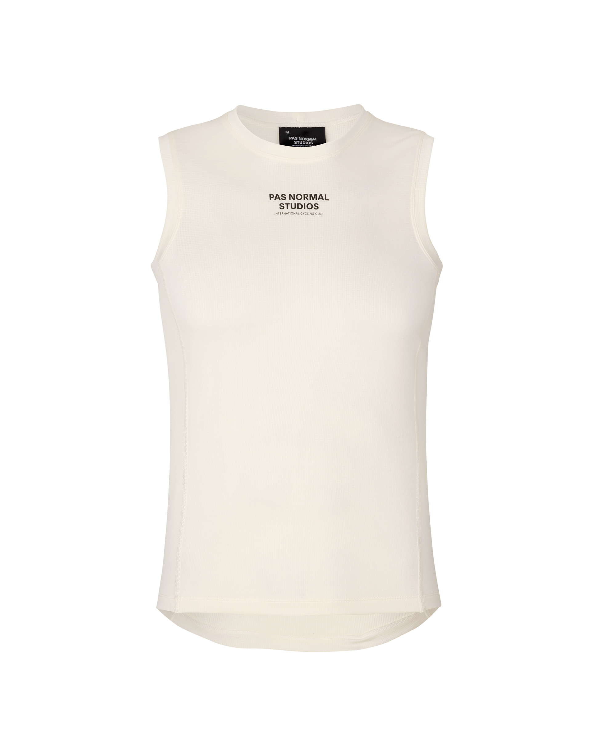 White sleeveless shirt with text on a white background