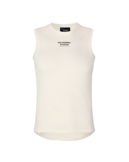 White sleeveless shirt with text on a white background