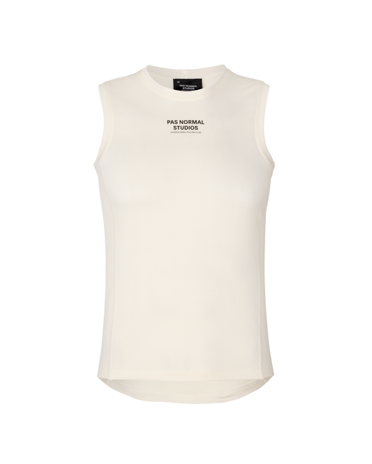White sleeveless shirt with text on a white background