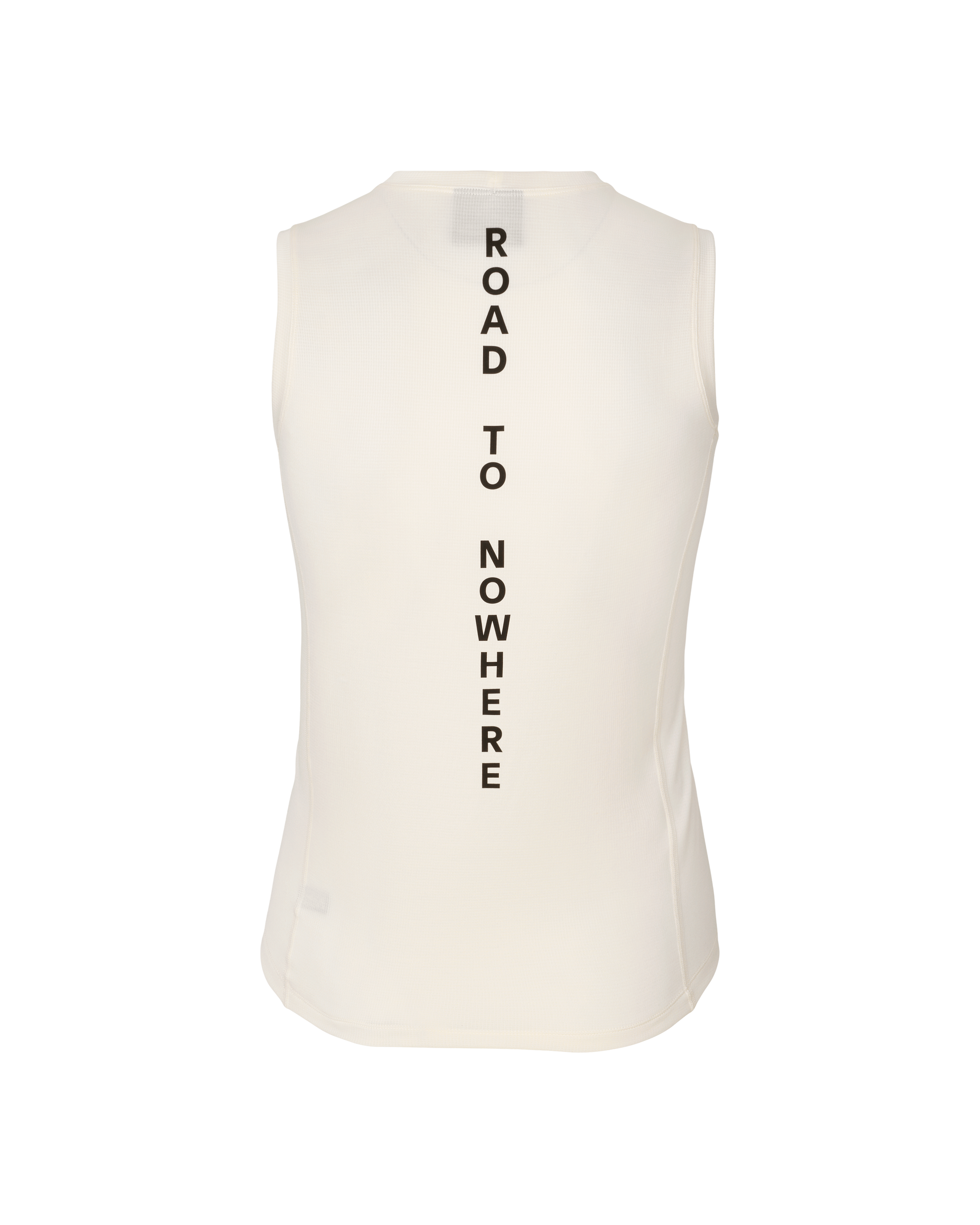 White sleeveless shirt with 'Road to Nowhere' text on a white background