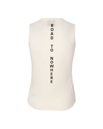 White sleeveless shirt with 'Road to Nowhere' text on a white background