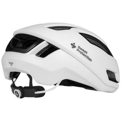White bicycle helmet with Sweet Protection logo on a transparent background