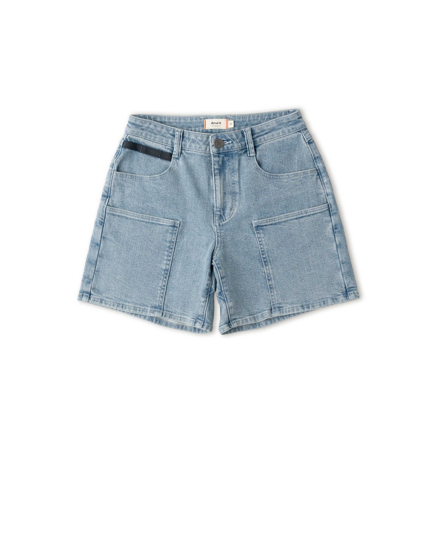 A pair of blue denim chore shorts for women.