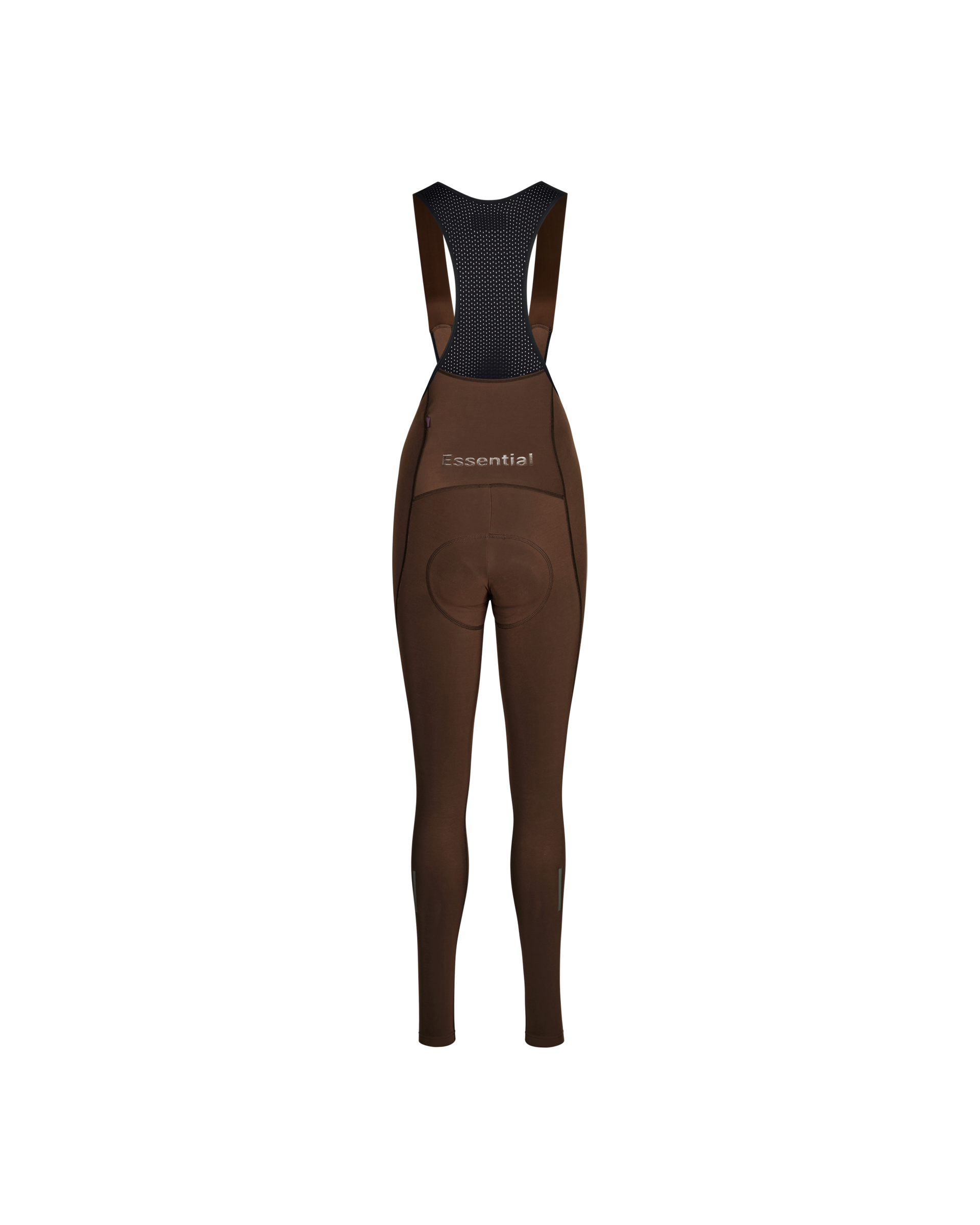 Brown riding pants with a black back panel on a white background