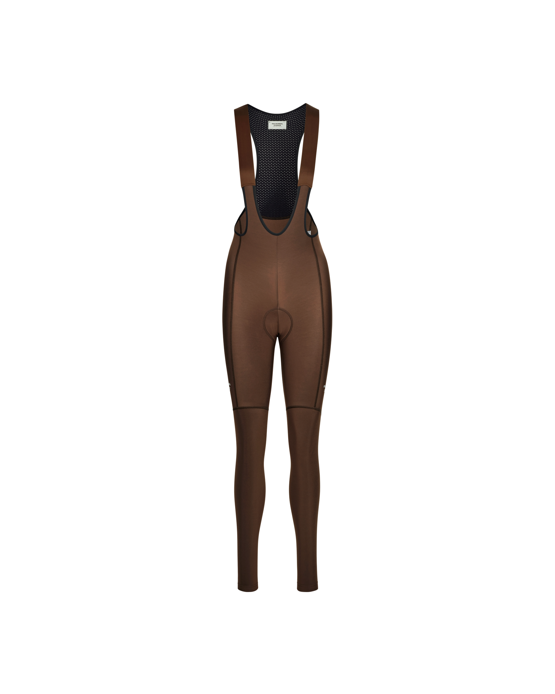 Brown riding pants with black bib on a white background