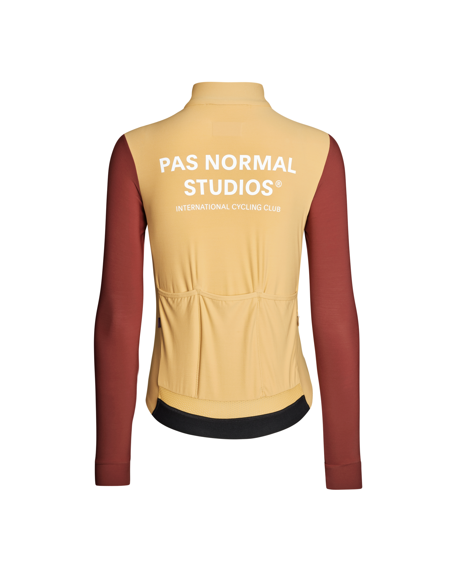 Beige cycling vest with red sleeves and 'Pas Normal Studios' branding on a white background