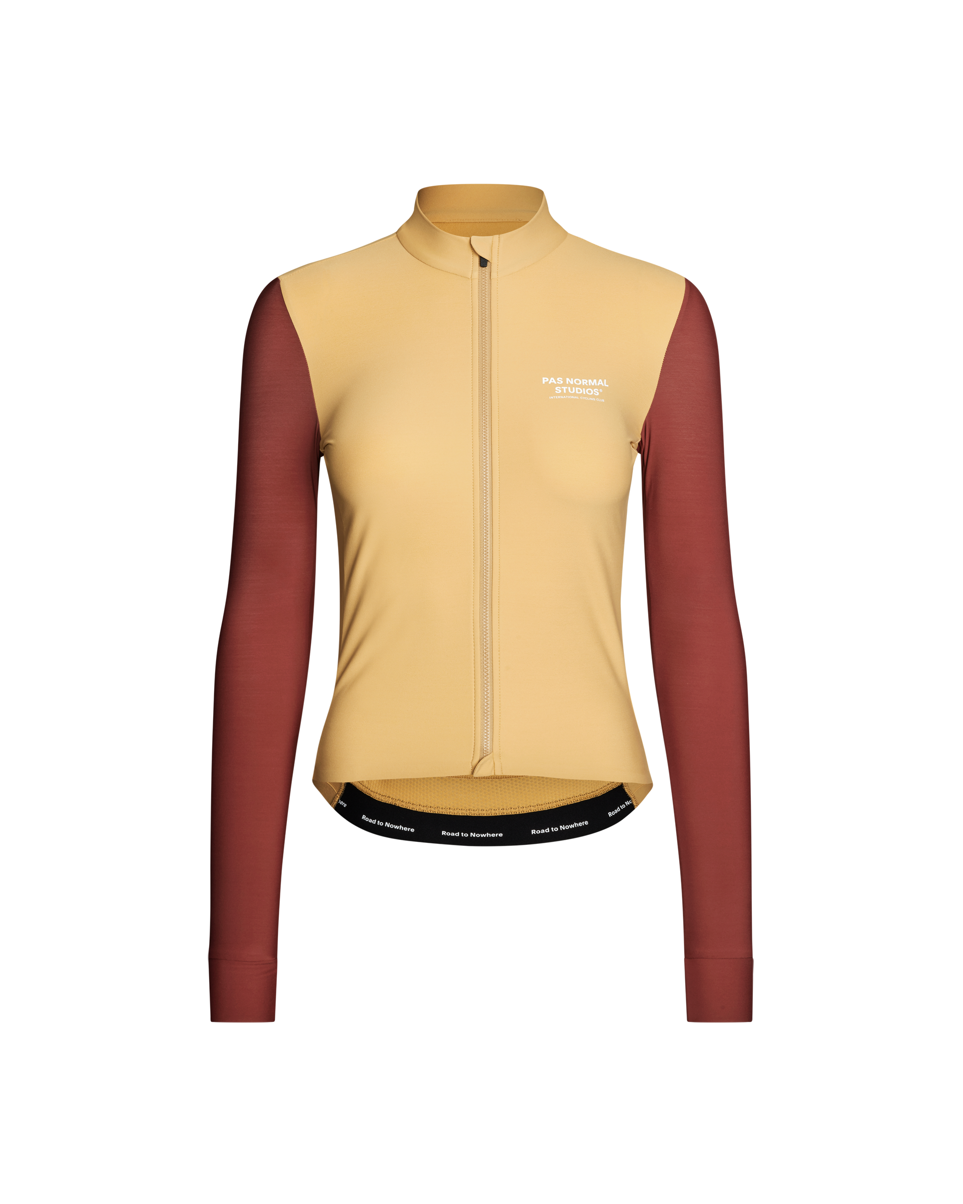 Beige and red cycling jacket on a white background