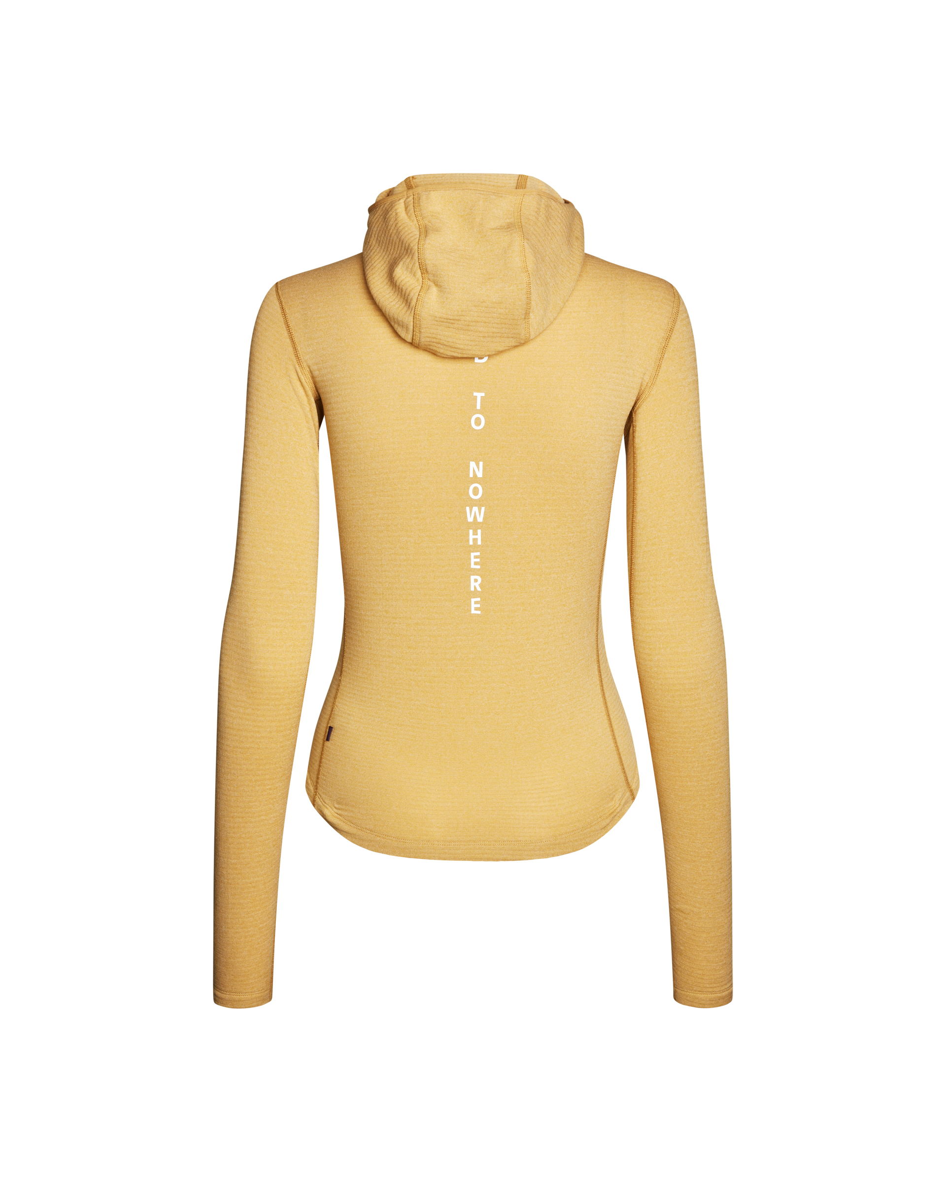 Yellow hoodie with text on the back against a white background