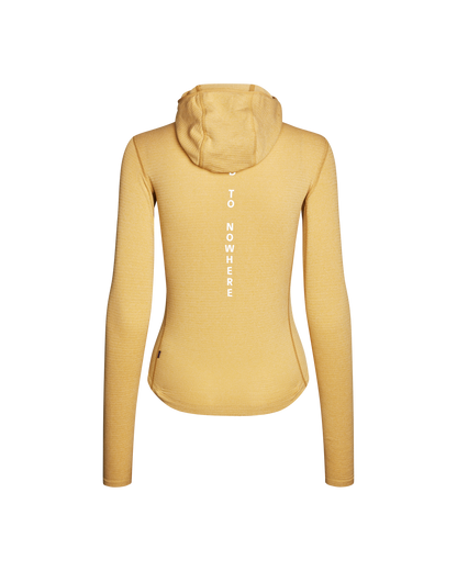 Yellow hoodie with text on the back against a white background