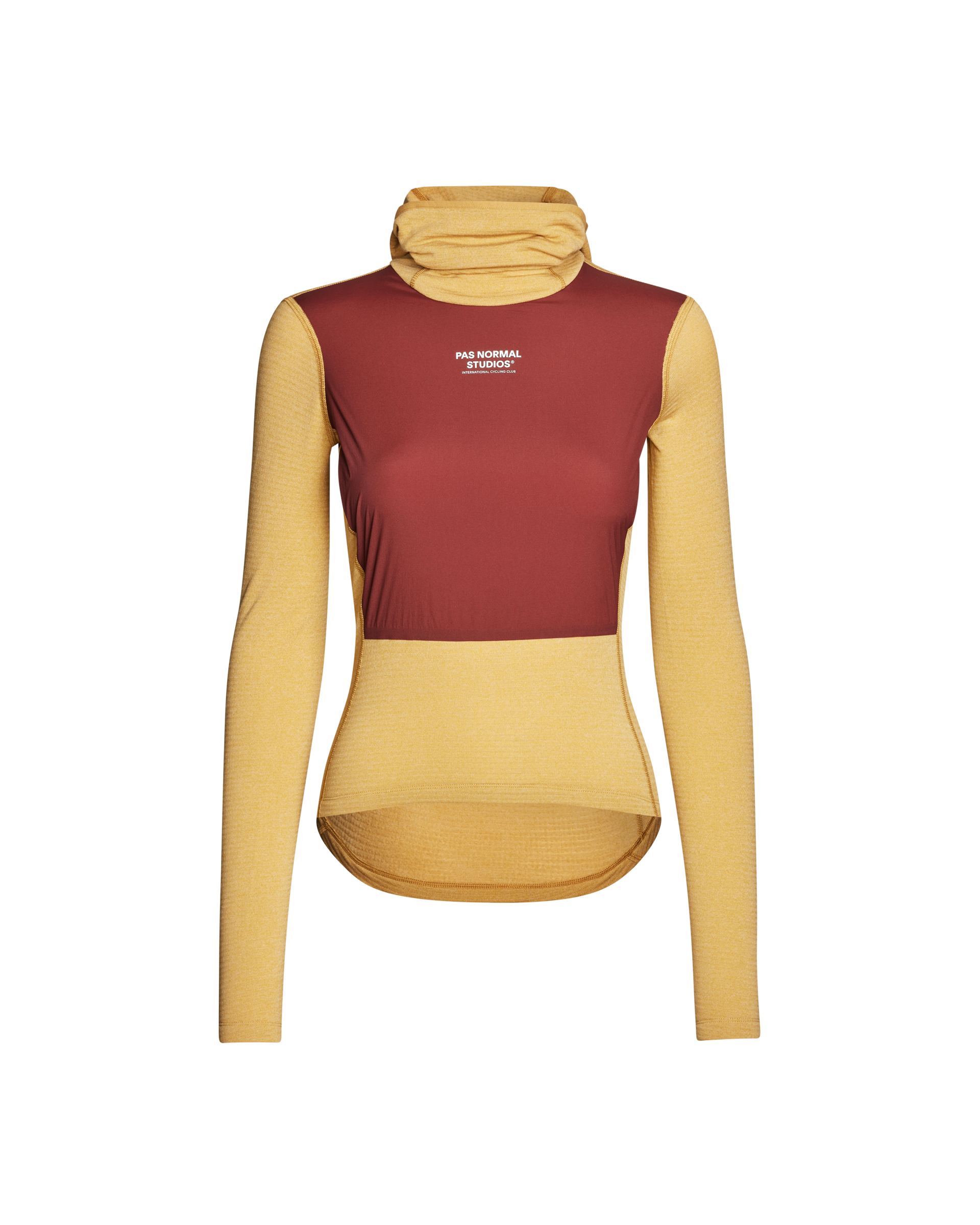 Two-tone long-sleeve shirt with maroon and yellow colors on a white background