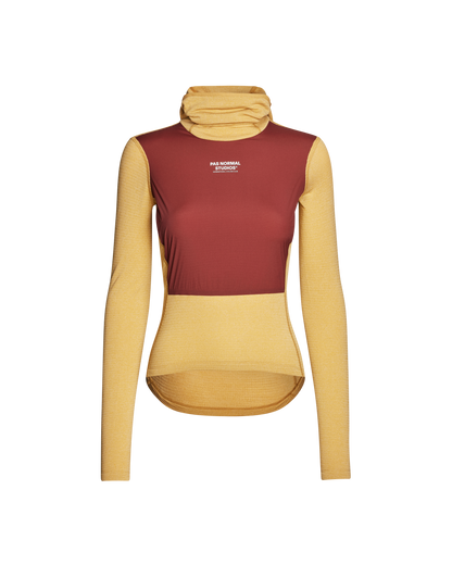 Two-tone long-sleeve shirt with maroon and yellow colors on a white background