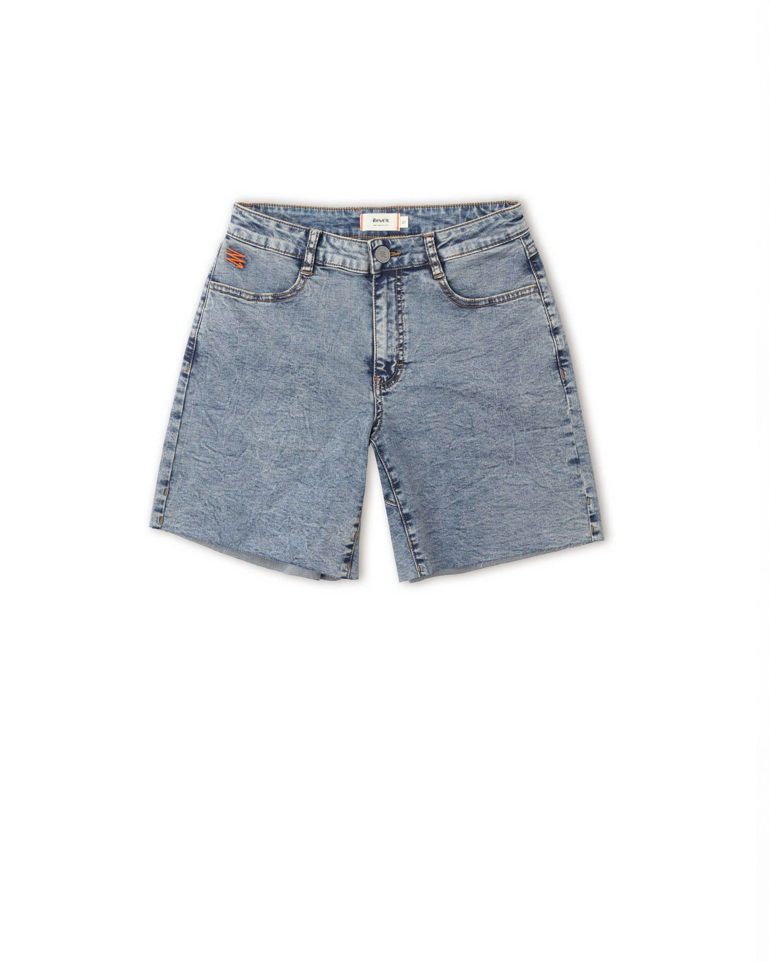 A pair of women's cut-off blue denim jorts with a mid-thigh length.
