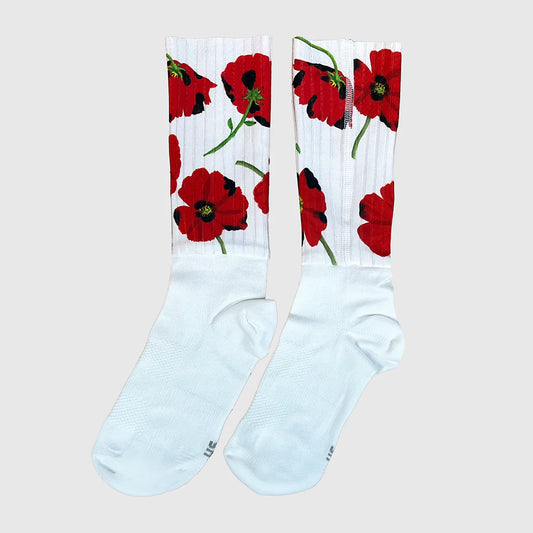 Aero Socks - Red Poppies - Side View - Soft Woven Foot and Grippers