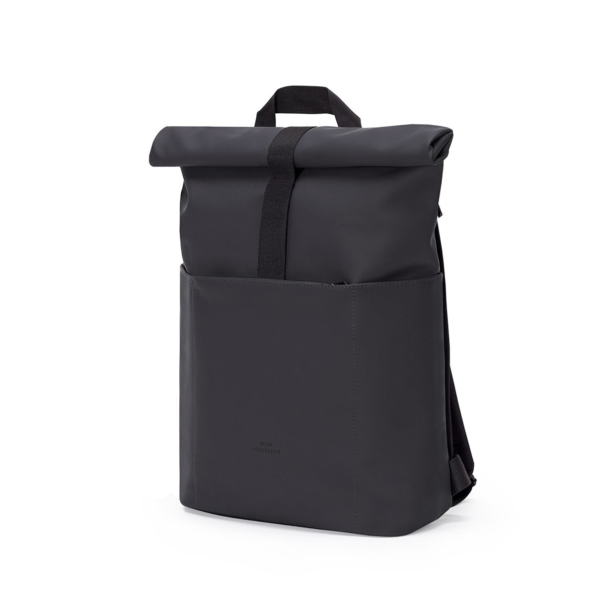 BlackSide view of the Black Hajo Backpack, highlighting the quick-access zipper and compact size.